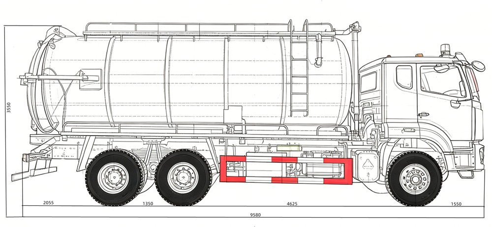 Technical drawing of HOWO NX 6X4 20CBM vacuum suction truck