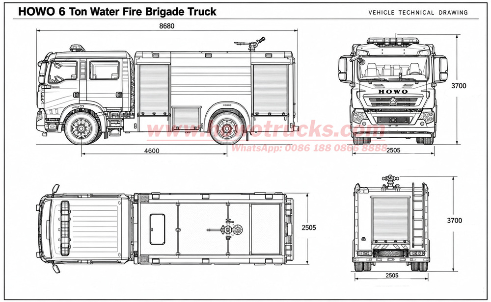 HOWO TX 6cbm water tank fire engine technical drawing HOWO TX 6cbm water tank fire engine technical drawing